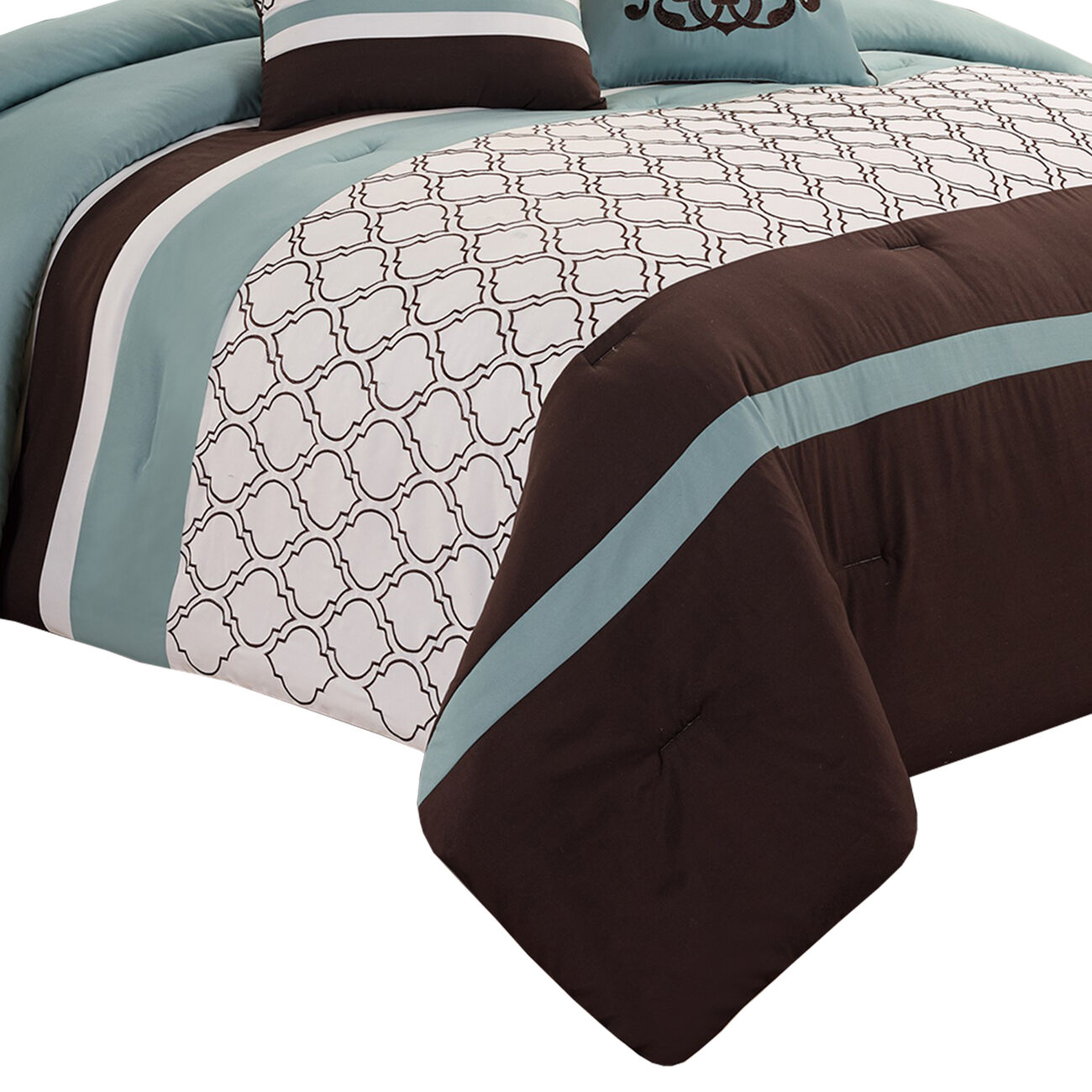 Quatrefoil King Size 8 Piece Fabric Comforter Set , Brown and Blue