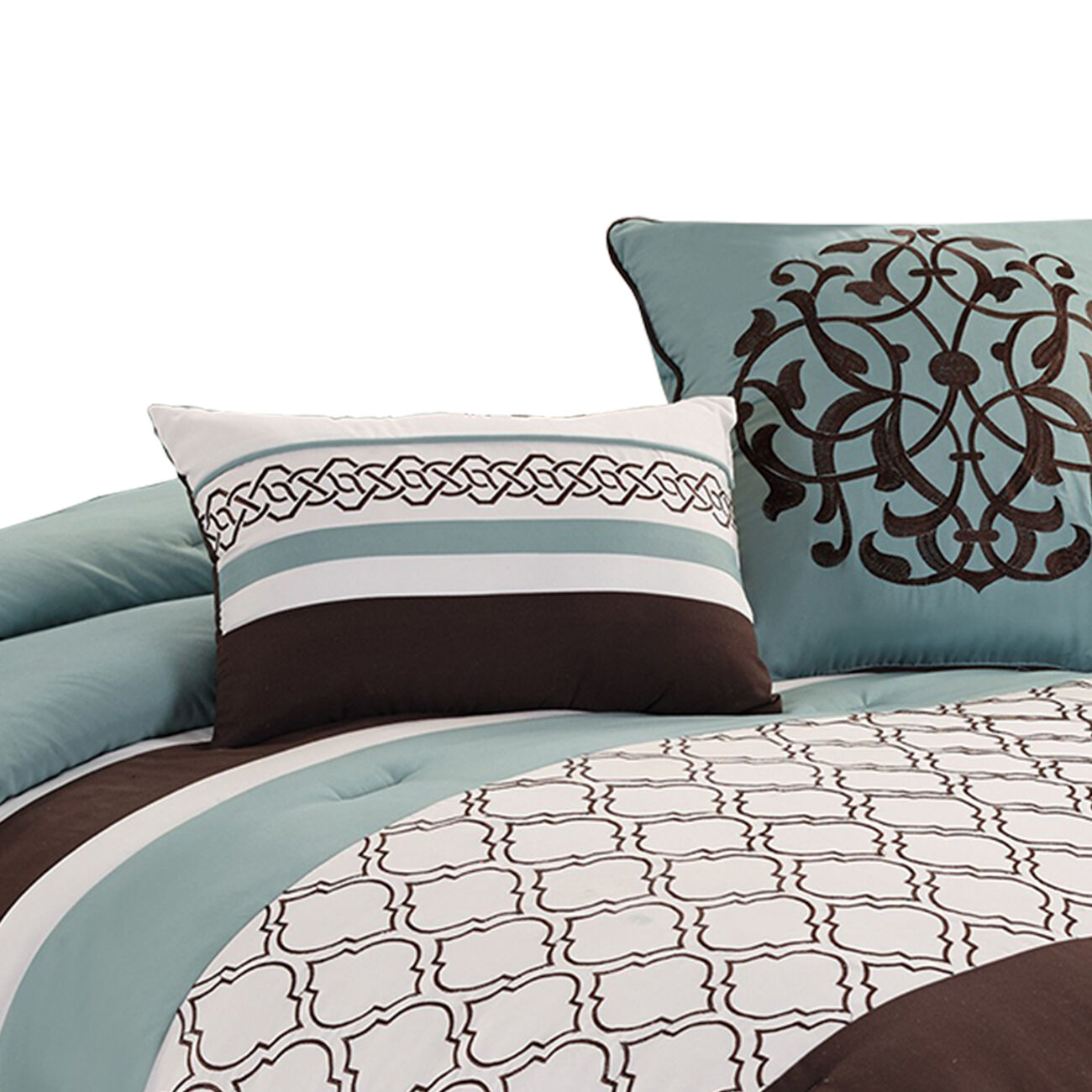 Quatrefoil Queen Size 8 Piece Fabric Comforter Set , Brown and Blue