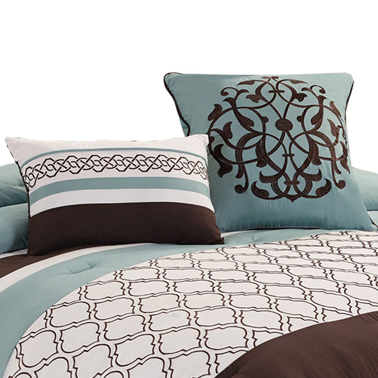Quatrefoil Queen Size 8 Piece Fabric Comforter Set , Brown and Blue
