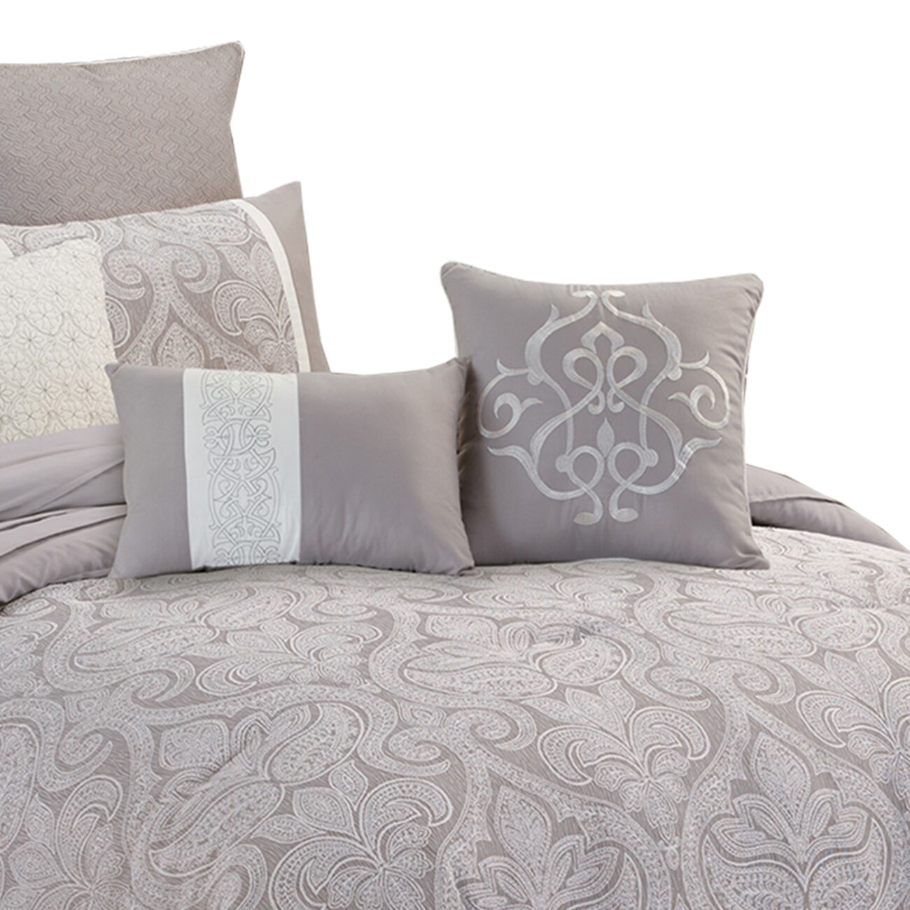 Queen Size 9 Piece Fabric Comforter Set with Medallion Prints, White