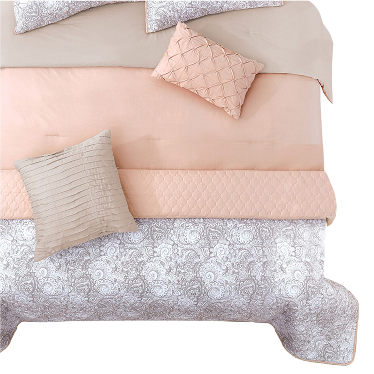 8 Piece Queen Comforter and Coverlet Set with Floral Swirl Pattern, Pink