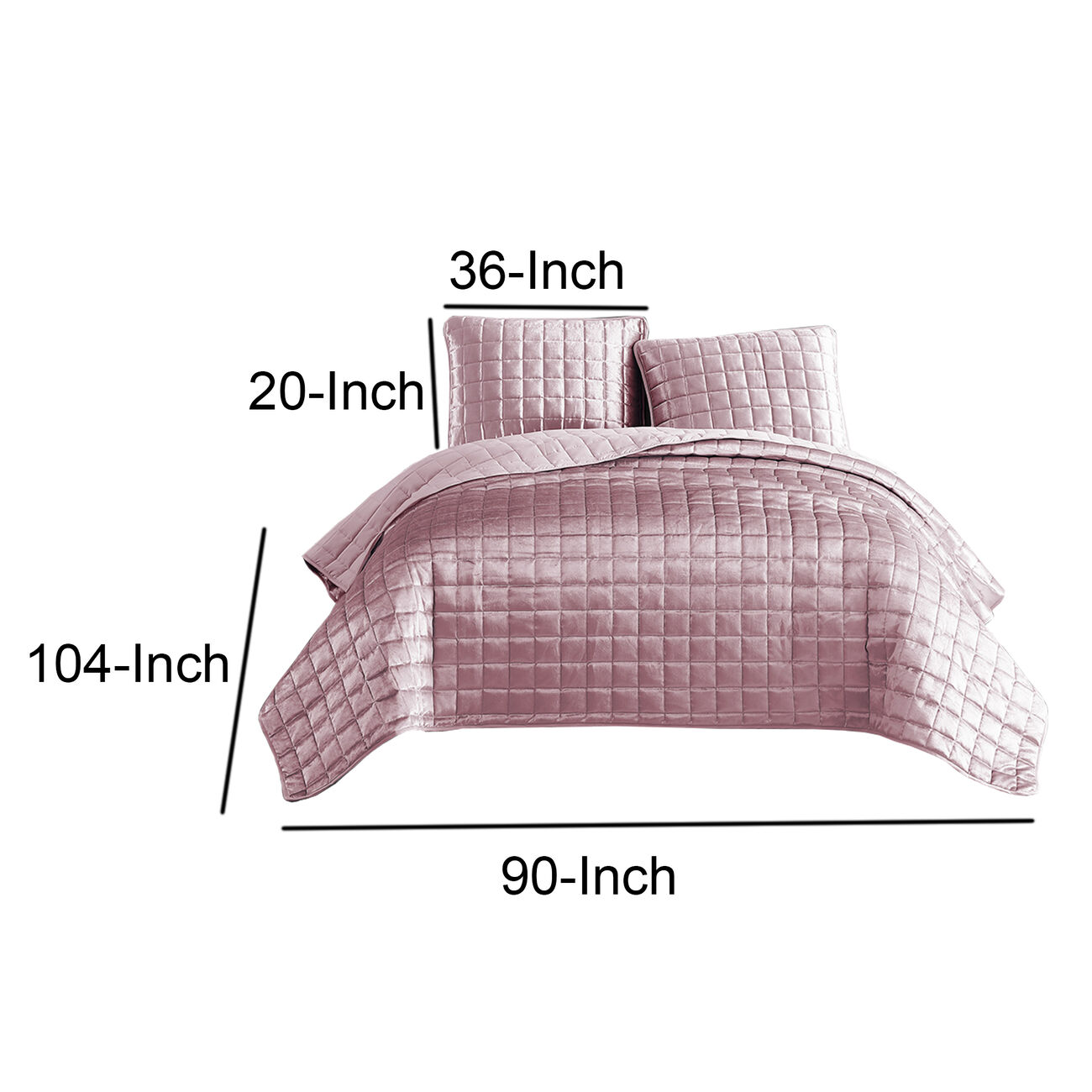 3 Piece King Size Coverlet Set with Stitched Square Pattern, Pink