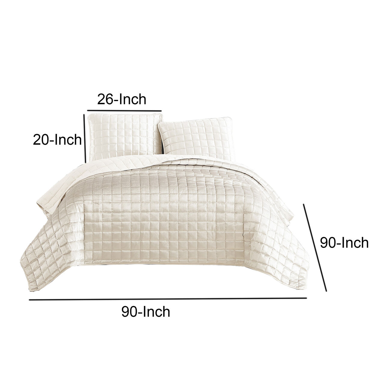 3 Piece Queen Size Coverlet Set with Stitched Square Pattern, Cream