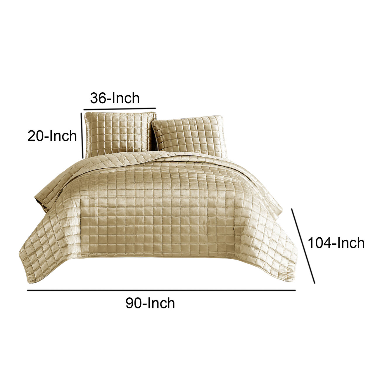3 Piece King Size Coverlet Set with Stitched Square Pattern, Gold