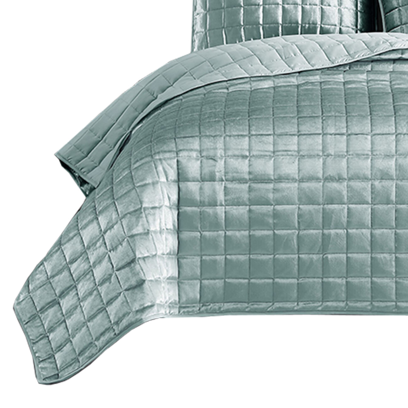 3 Piece King Size Coverlet Set with Stitched Square Pattern, Sea Green