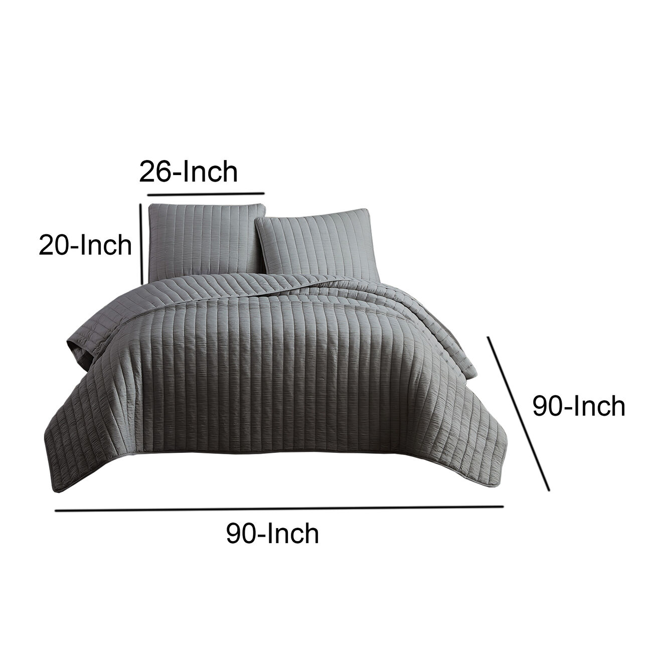 3 Piece Crinkles Queen Size Coverlet Set with Vertical Stitching, Gray