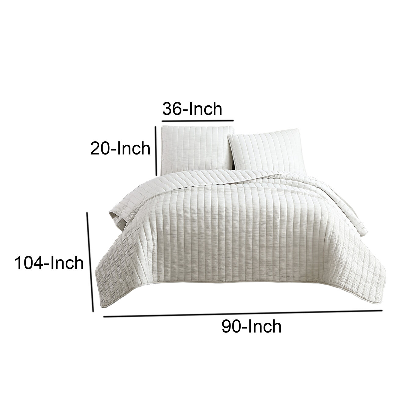3 Piece Crinkles King Size Coverlet Set with Vertical Stitching, White