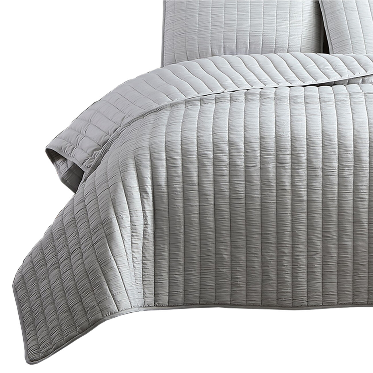 3 Piece Crinkle Queen Size Coverlet Set with Vertical Stitching,Light Gray