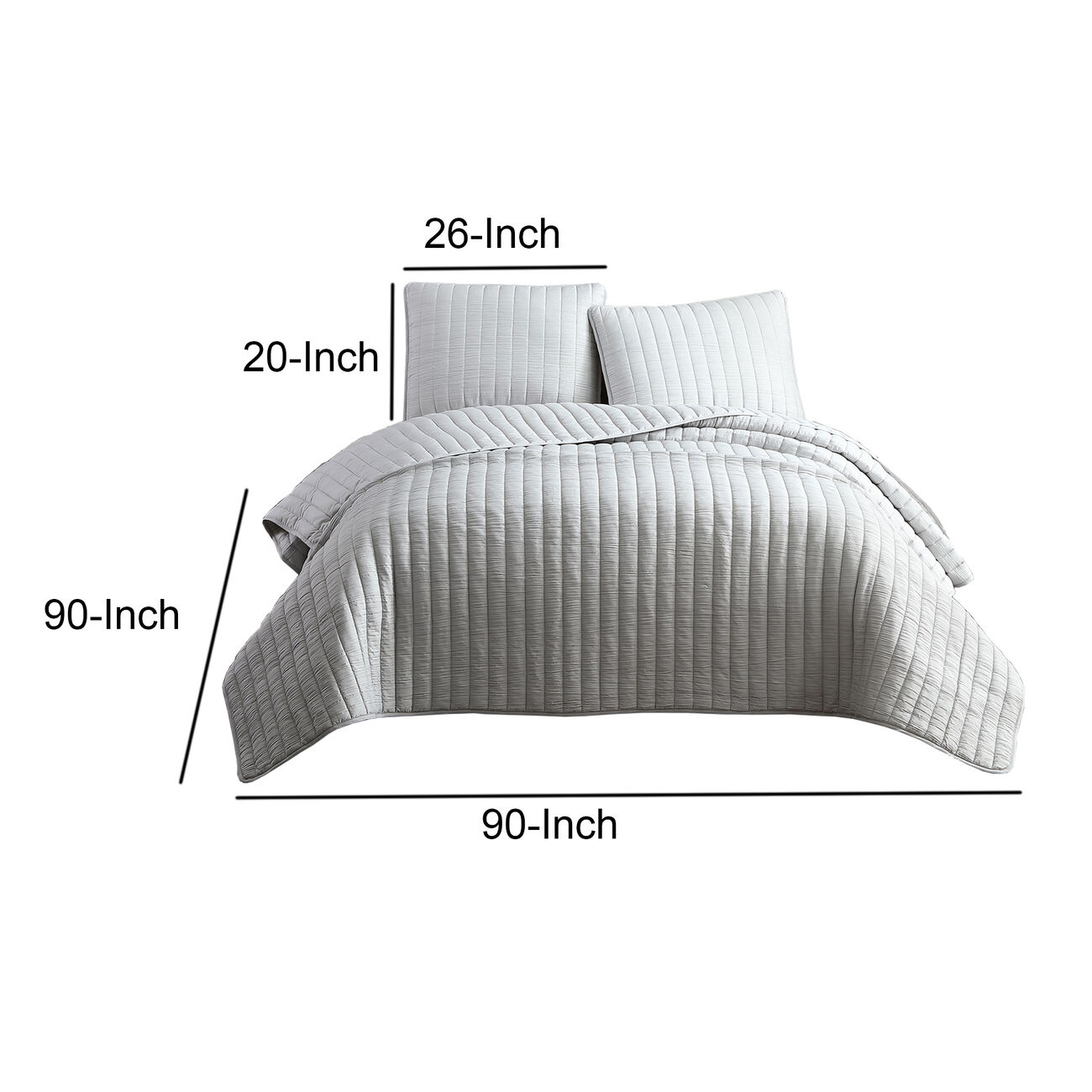 3 Piece Crinkle Queen Size Coverlet Set with Vertical Stitching,Light Gray