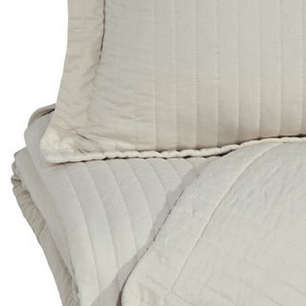 3 Piece Fabric Queen Coverlet Set with Vertical Channel Stitching, Cream