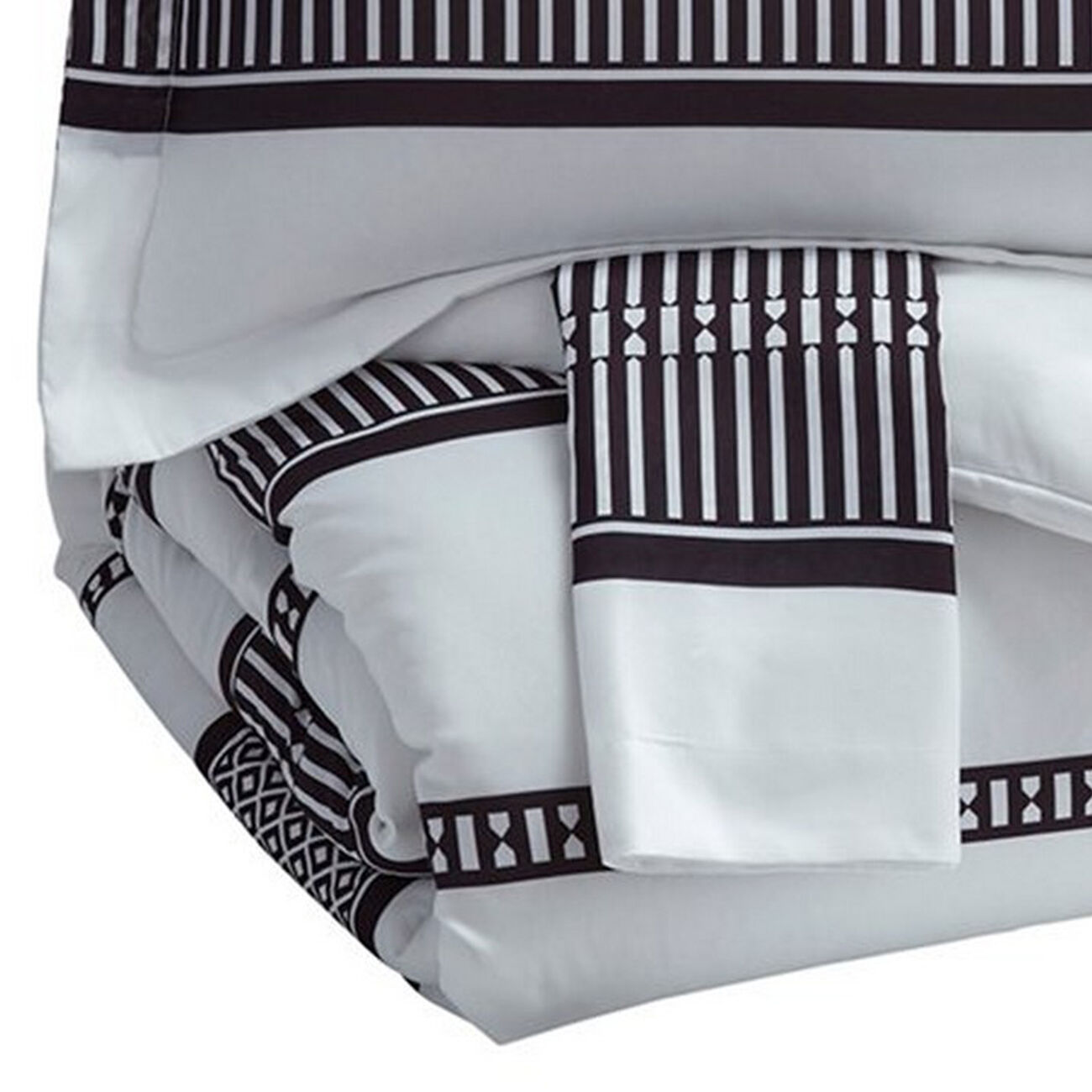 Fabric Upholstered Tribal Stripe 3 Piece King Comforter Set,Black and White