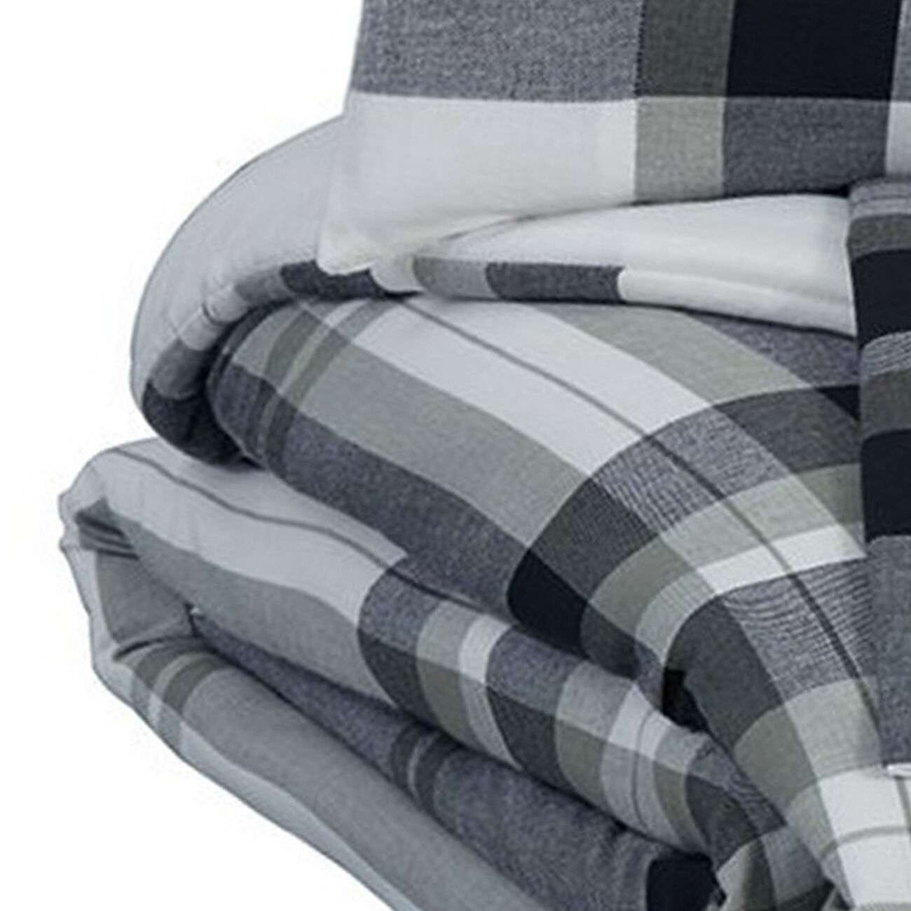 3 Piece Fabric King Comforter Set with Plaid Pattern, Black and Gray