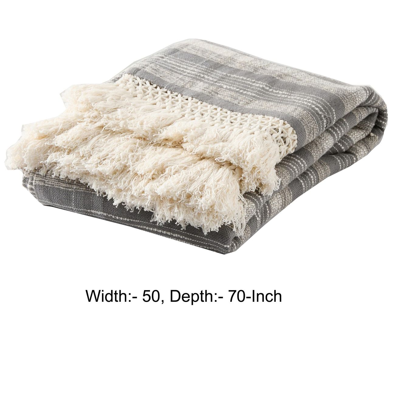 Fabric Throw with Fringe Details and Plaid Pattern, Gray and Cream