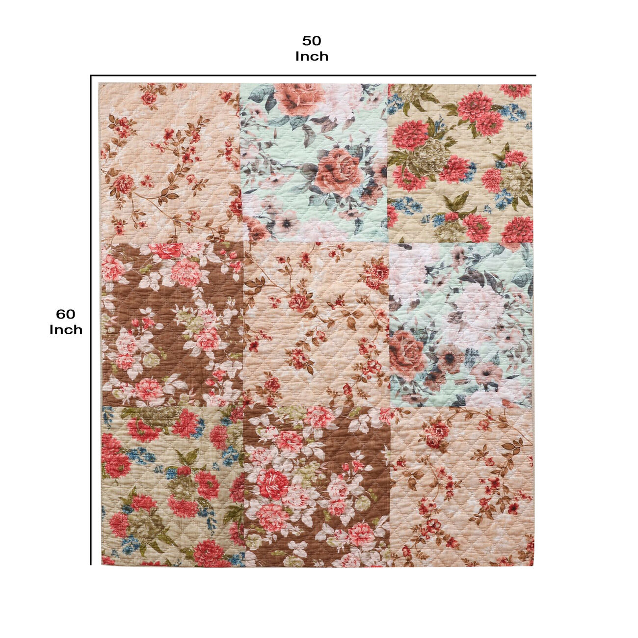Munich Machine Quilted Floral Print Fabric Throw Blanket, Beige