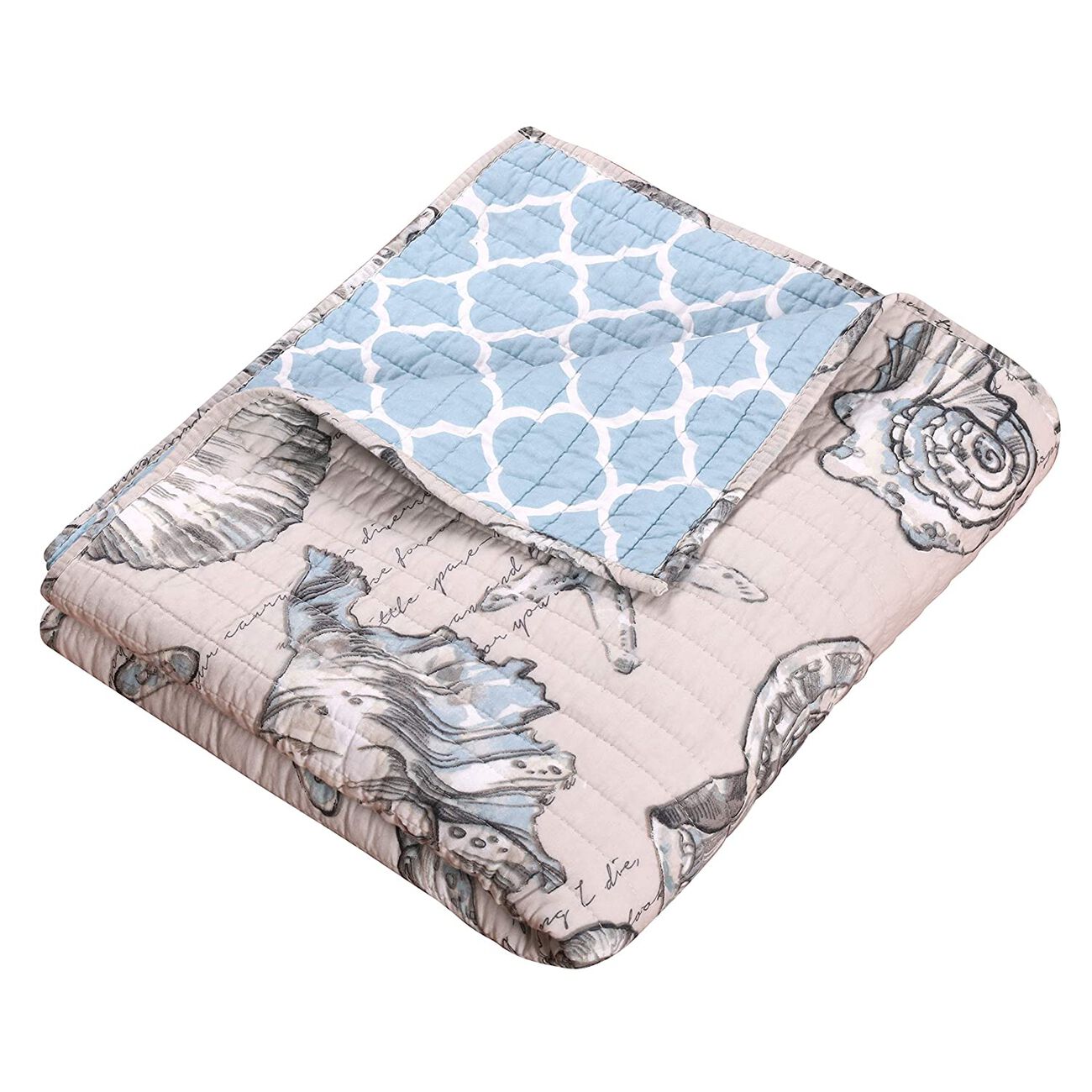 Madrid Beach Print Reversible Throw Blanket with Fabric Bound Edges,White and Gray
