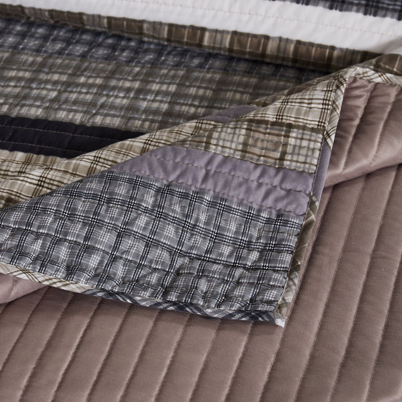 Prague 3 Piece Microfiber Plaids and Striped Pattern Queen Quilt Set, Taupe Gray