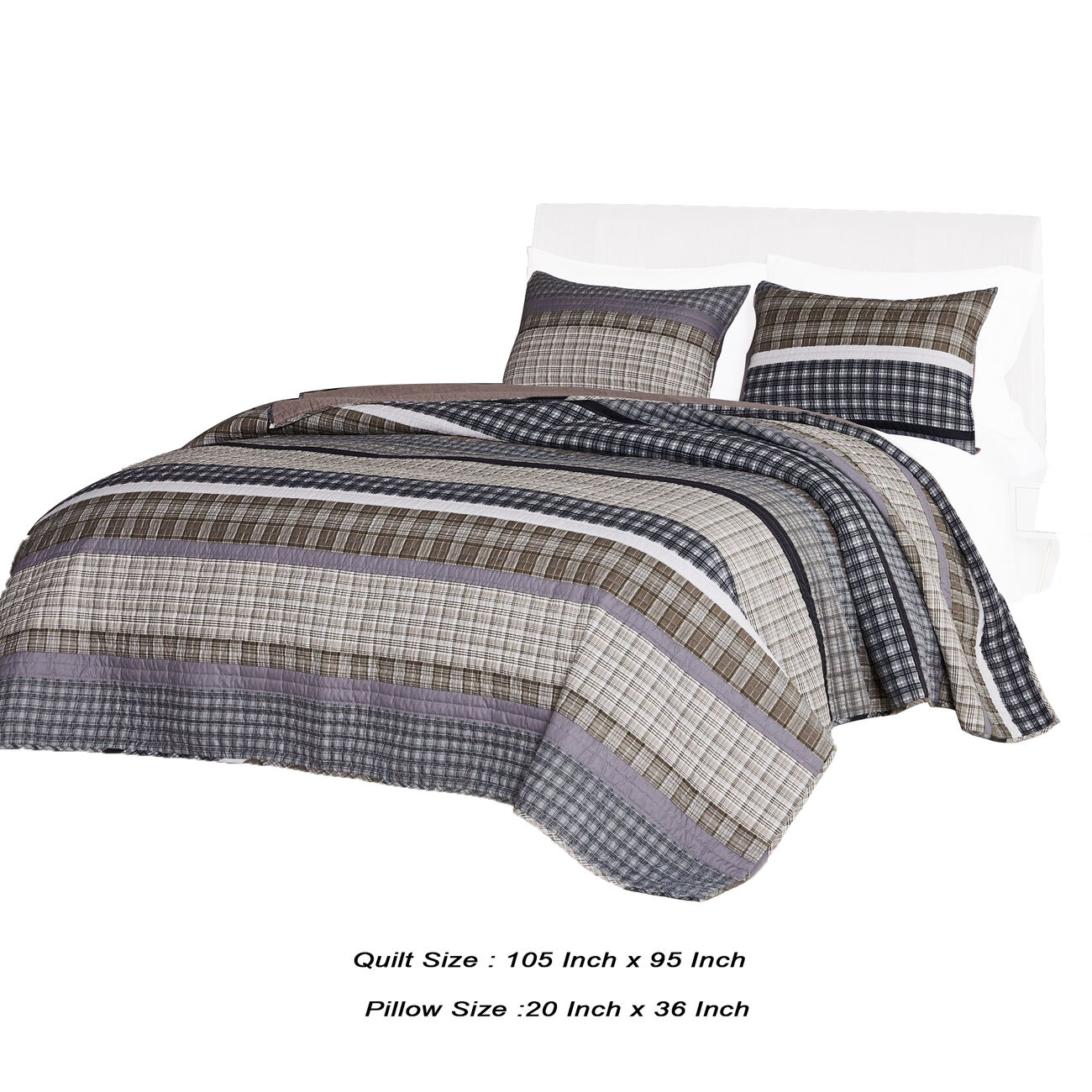 Prague 3 Piece Microfiber Plaids and Striped Pattern King Quilt Set, Taupe Gray