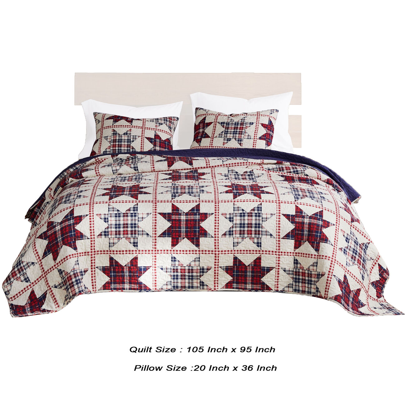 Munich 3 Piece Plaid Pattern Star Patchwork King Quilt Set, Red and Off White