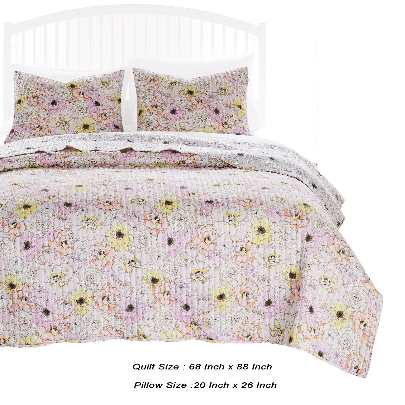 Milan 2 Piece Microfiber Blooming Flower Pattern Twin Quilt Set, White and Pink