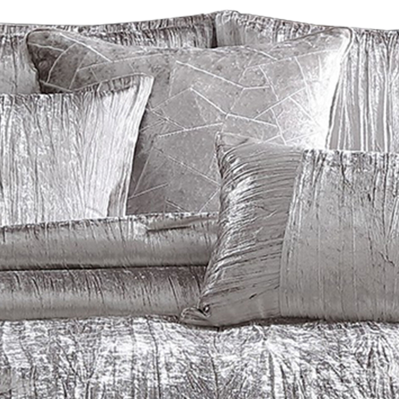 King Size 7 Piece Fabric Comforter Set with Crinkle Texture, Silver
