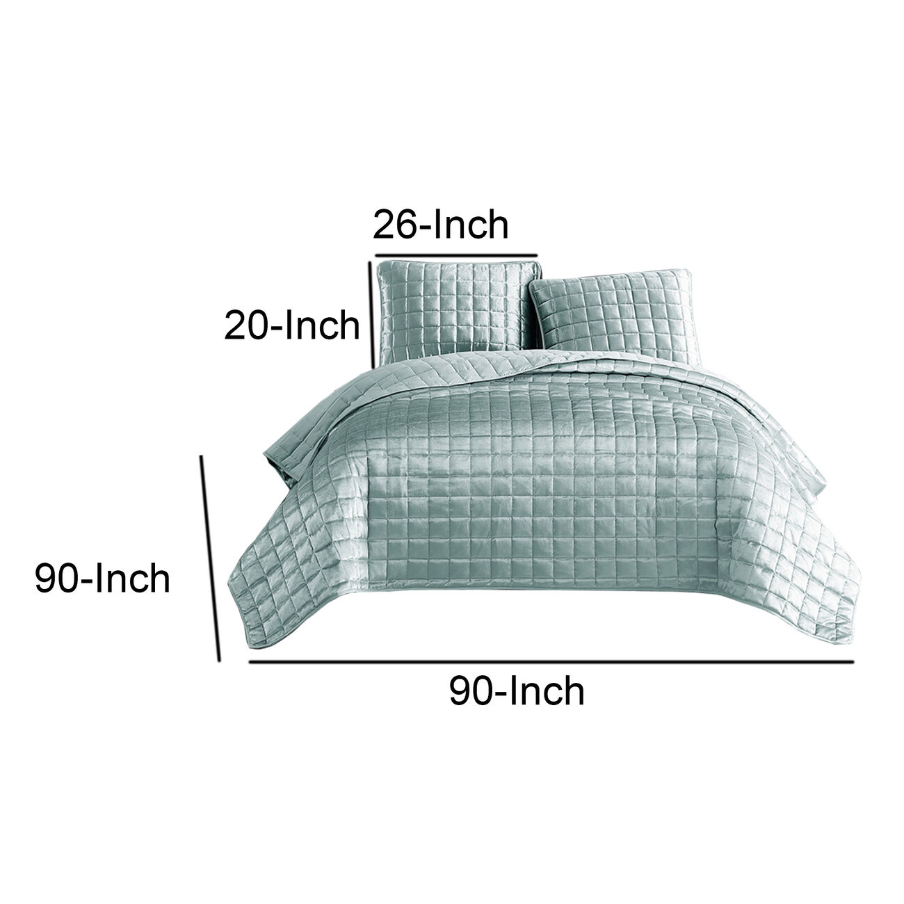 3 Piece Queen Size Coverlet Set with Stitched Square Pattern, Sea Green