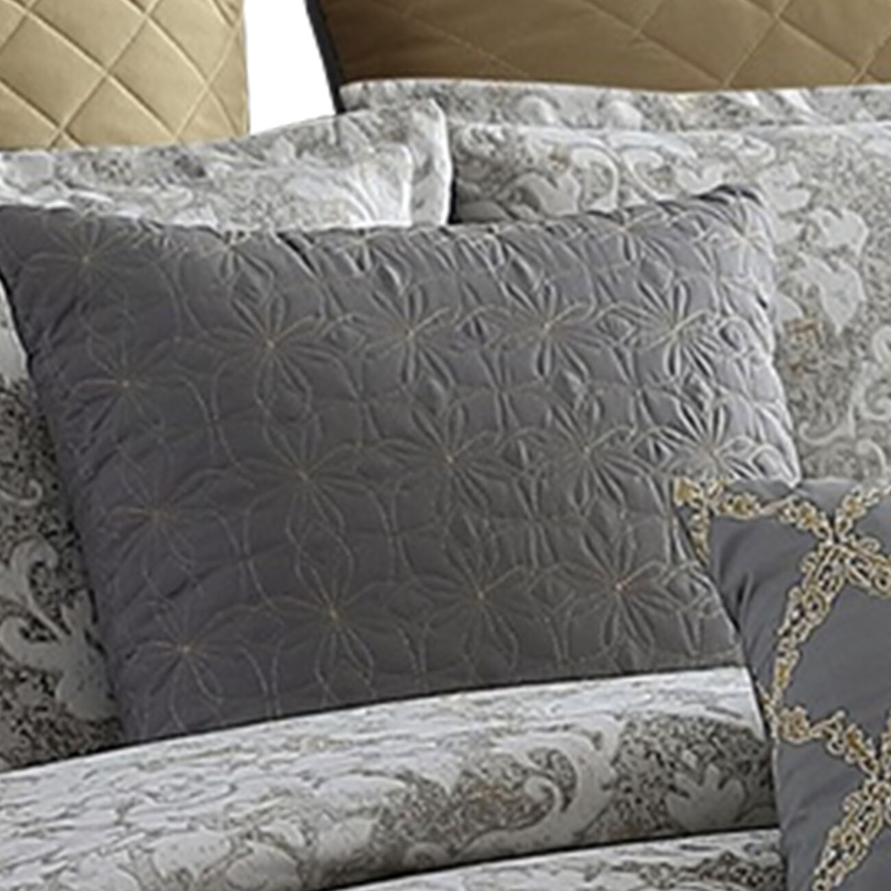 9 Piece King Polyester Comforter Set with Medallion Print, Gray and Gold