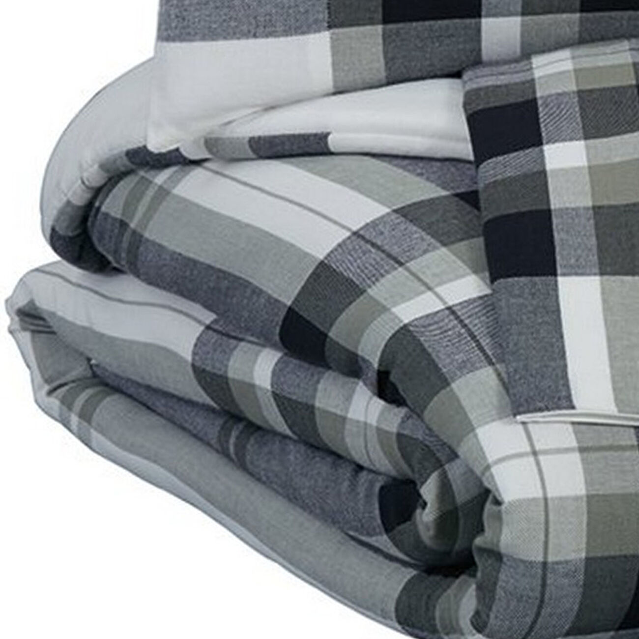 3 Piece Fabric Queen Comforter Set with Plaid Pattern, Black and Gray