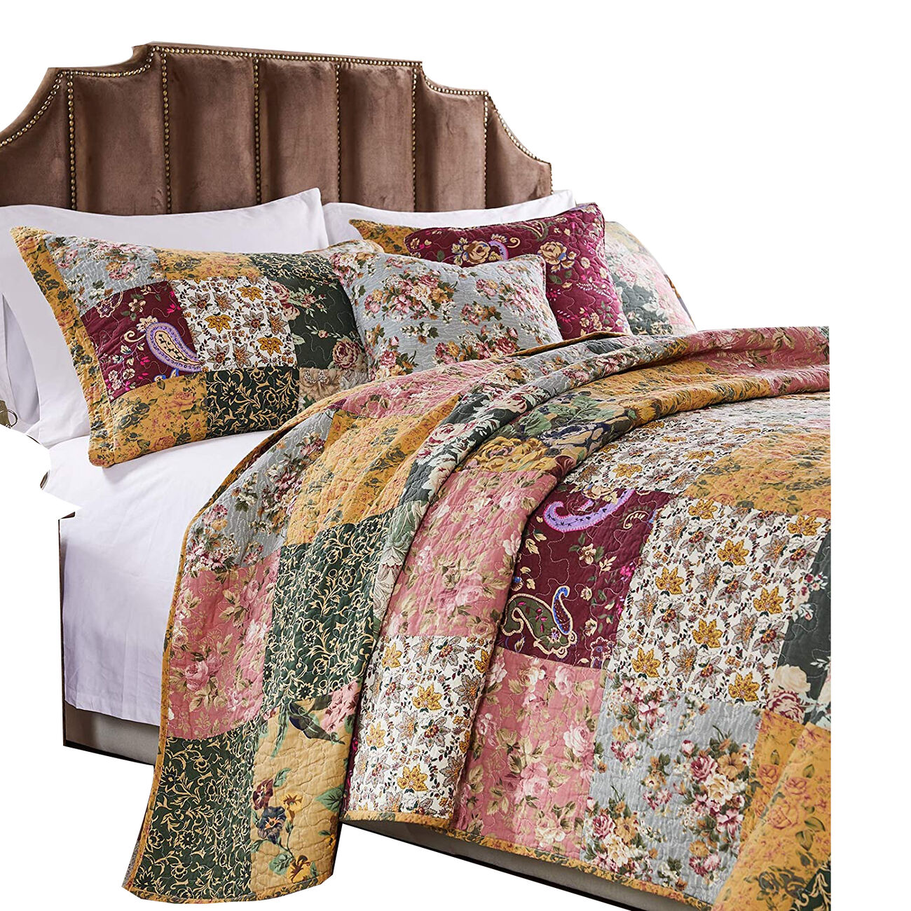 Kamet 4 Piece Fabric Twin Size Quilt Set with Floral Prints, Multicolor