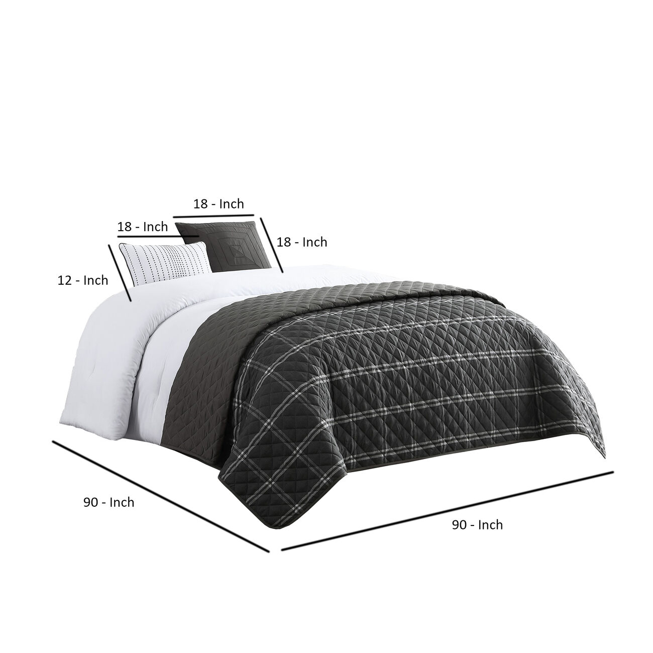 8 Piece Queen Size Fabric Comforter Set with Oversized Check Prints, Black