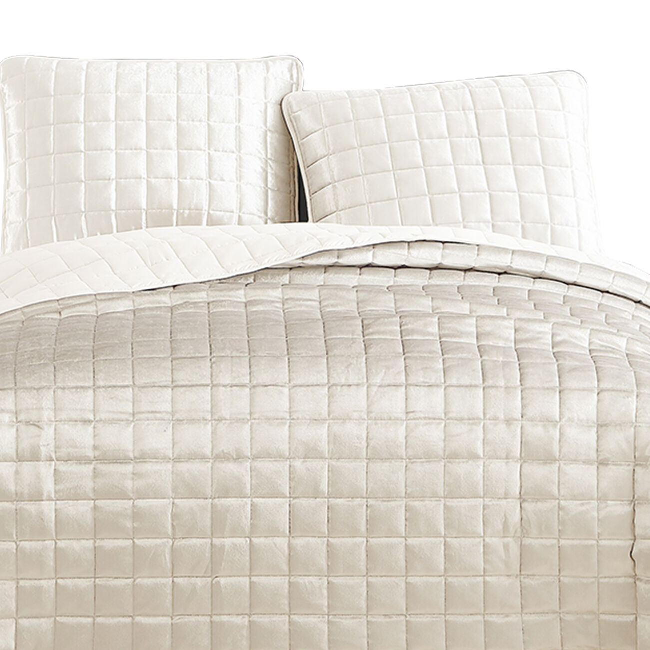 3 Piece King Size Coverlet Set with Stitched Square Pattern, Cream