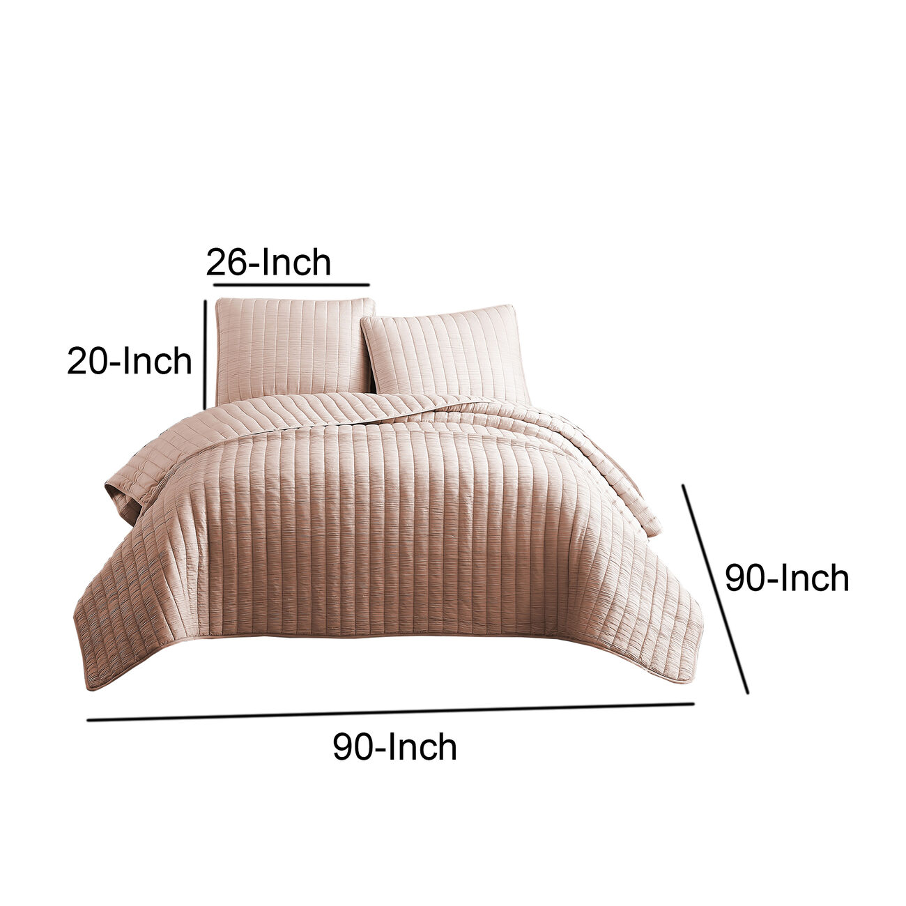 3 Piece Crinkles Queen Size Coverlet Set with Vertical Stitching, Pink
