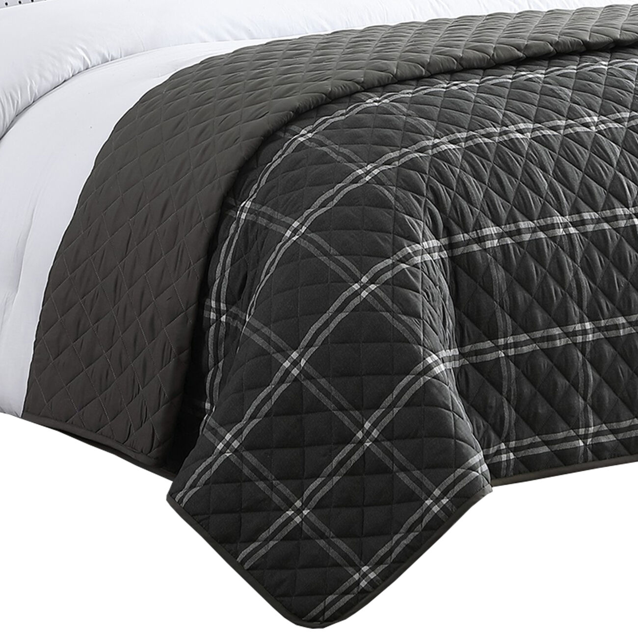 8 Piece King Size Fabric Comforter Set with Oversized Check Prints, Black