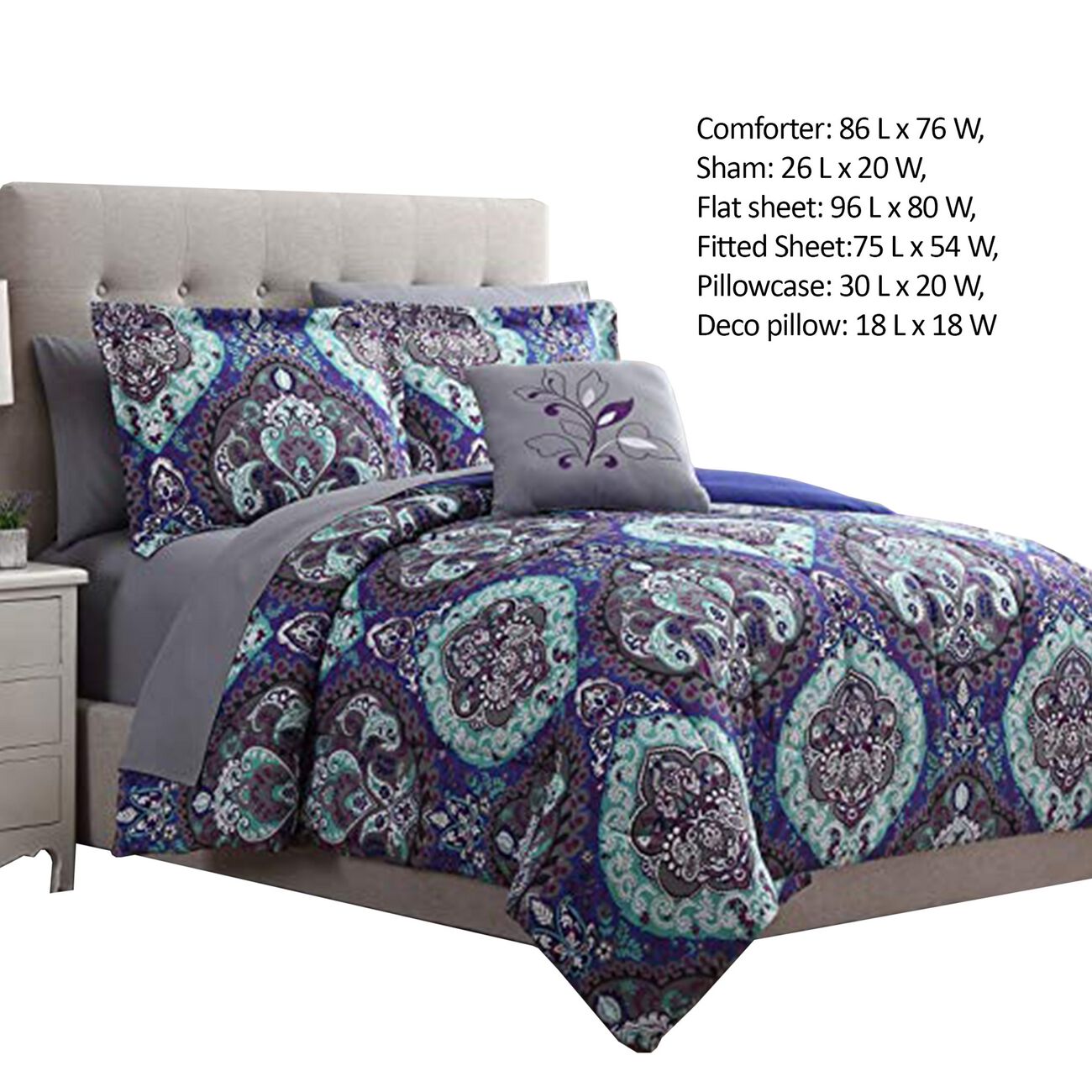 Split 8 Piece Reversible Printed Full Size Complete Bed Set The Urban Port, Blue