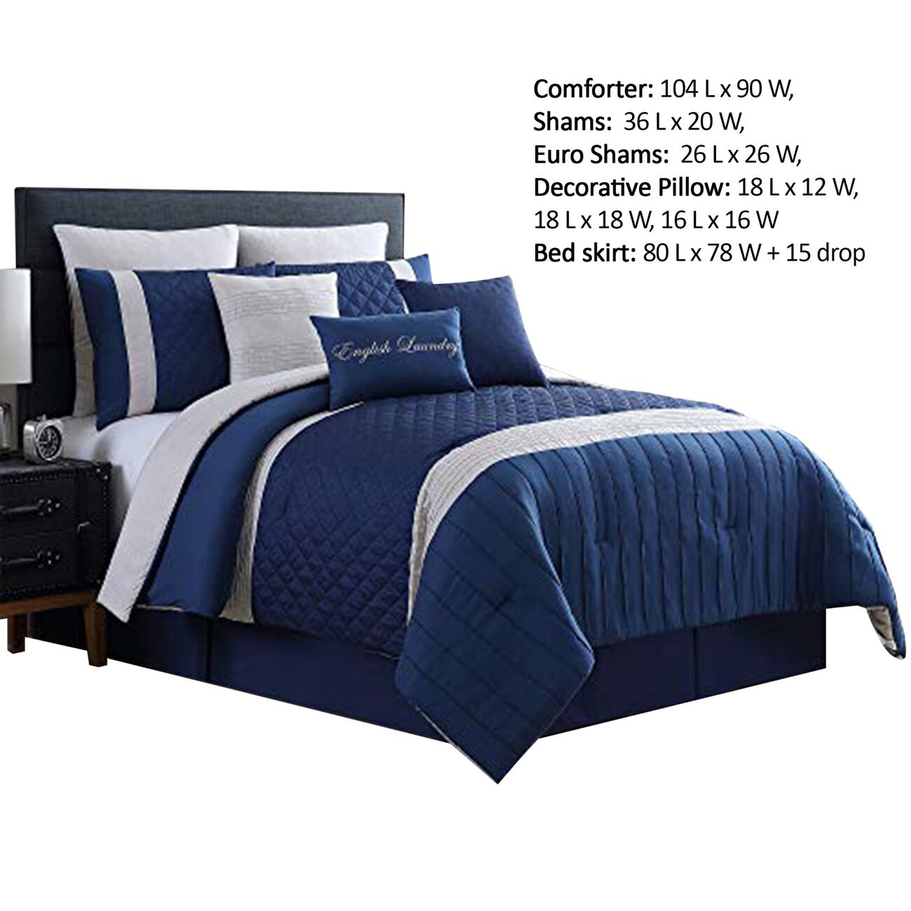 Basel Pleated King Comforter Set with Diamond Pattern The Urban Port, Blue and White