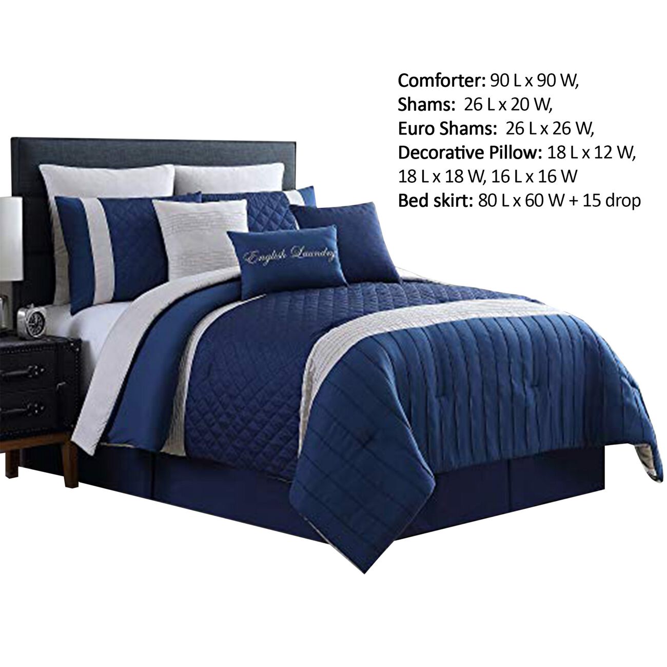 Basel Pleated Queen Comforter Set with Diamond Pattern The Urban Port, Blue and White