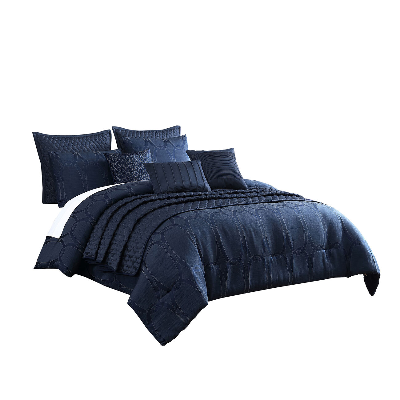 10 Piece King Polyester Comforter Set with Geometric Oblong Print, Dark Blue