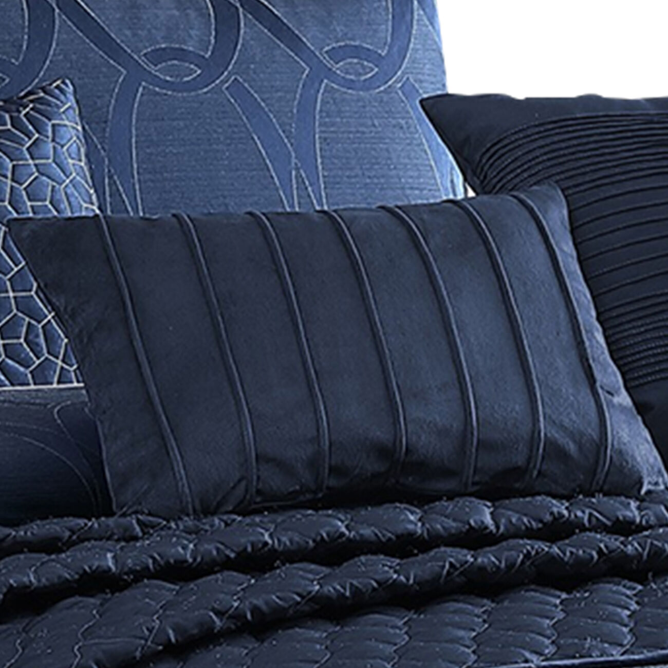 10 Piece King Polyester Comforter Set with Geometric Oblong Print, Dark Blue