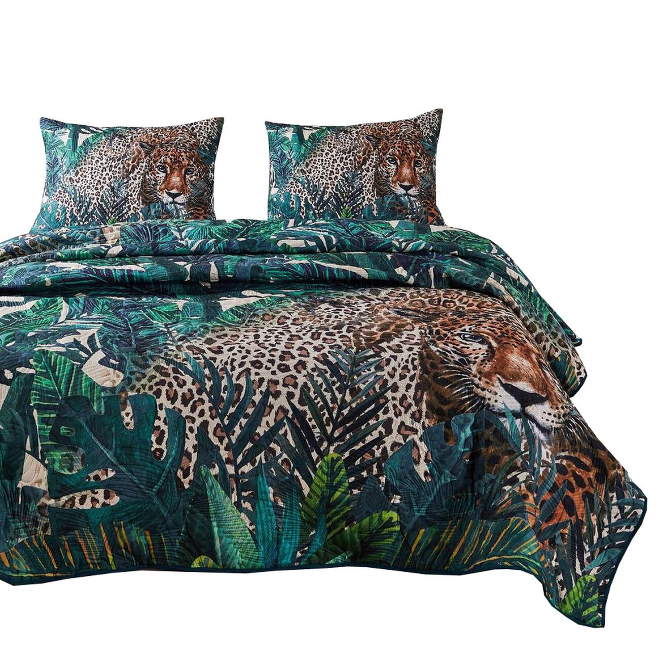 Nore 3 Piece Full Quilt Set with Jungle Feline Print, Green