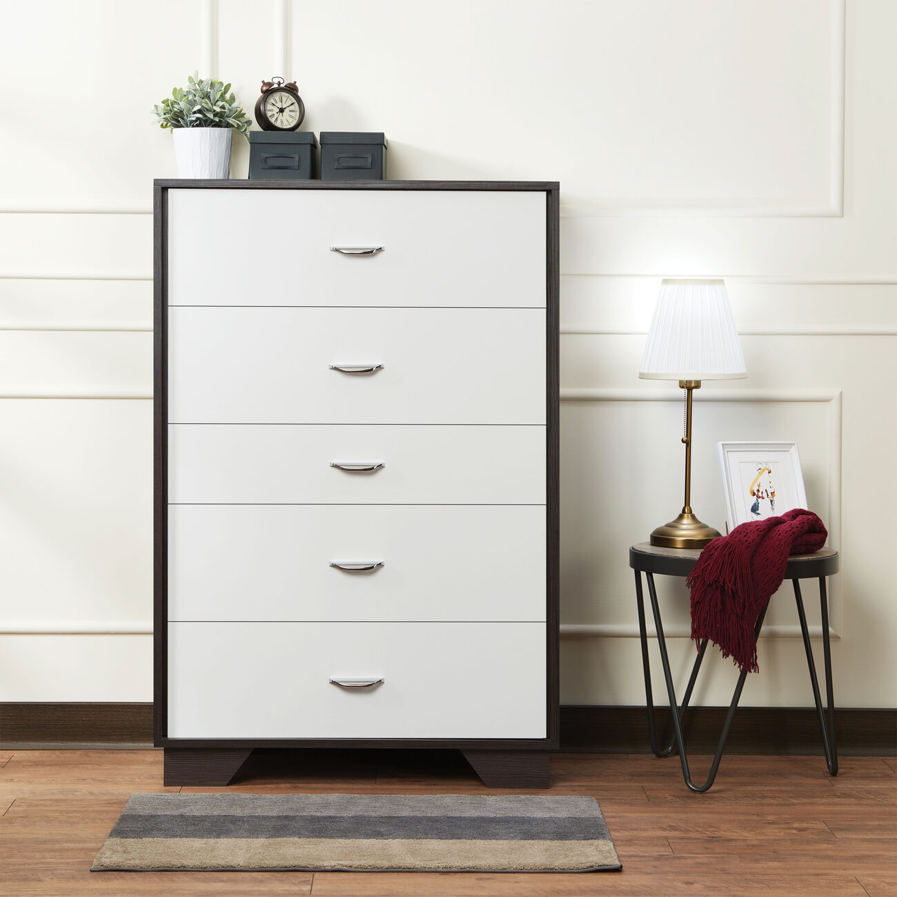Wooden Chest with Five Drawers, White & Espresso Brown