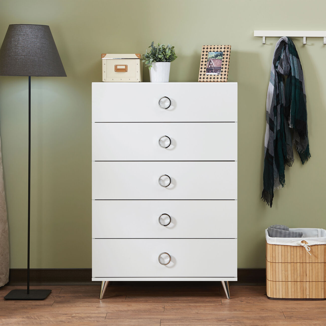 Five Drawers Wooden Chest In Contemporary Style, White