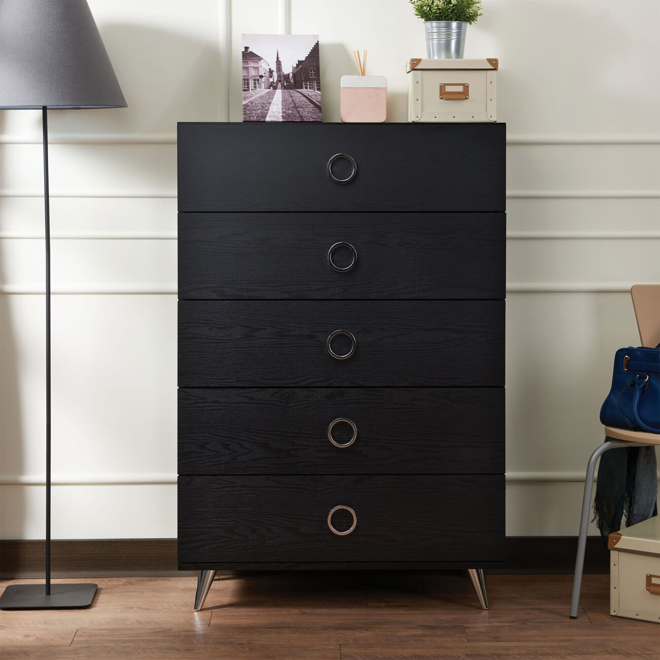 Five Drawers Wooden Chest In Contemporary Style, Black