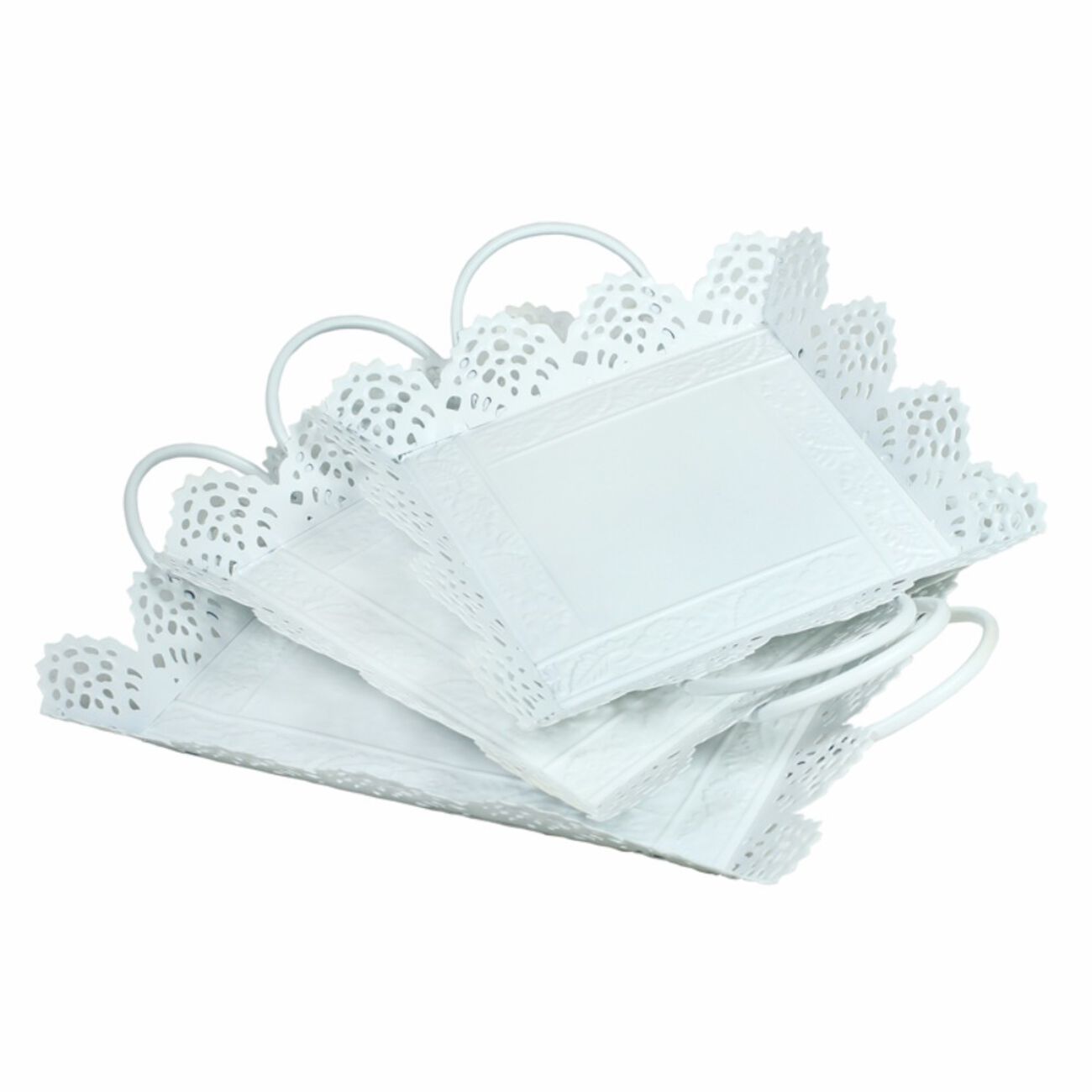 Metal Tray With Cutout Design, Set Of 3, White