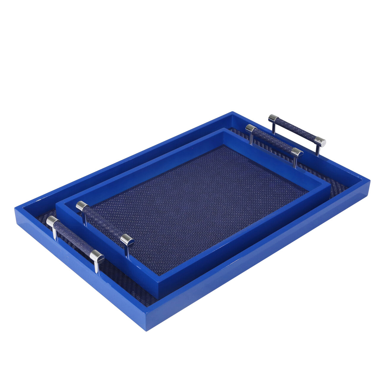 Rectangular Wooden Tray with Leatherette Base, Set of 2, Navy Blue