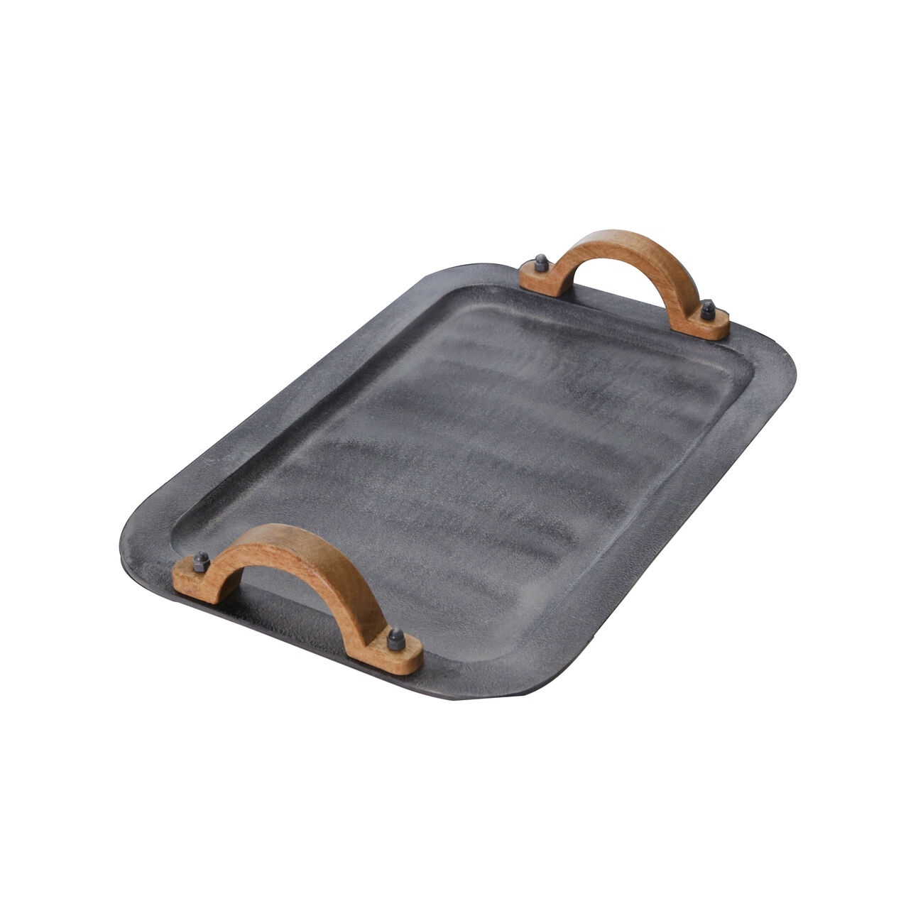 Transitional Metal Tray with Wooden Handle, Set of 2, Gray and Brown