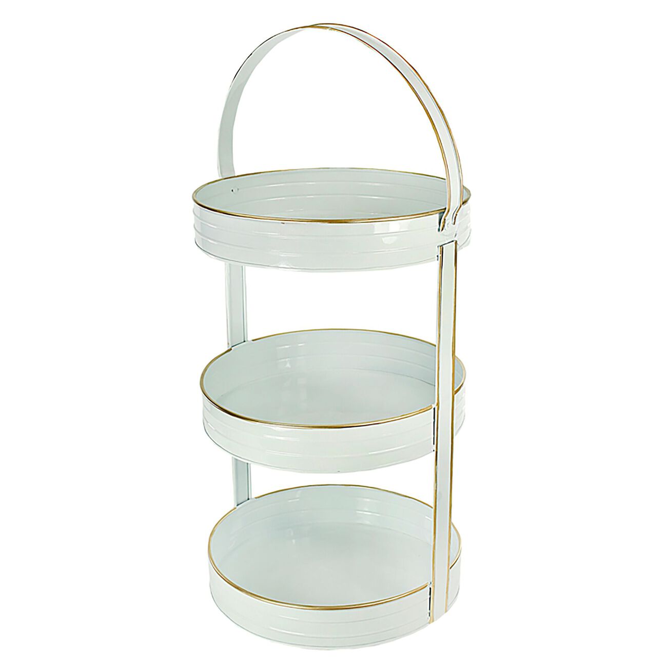 Round Metal 3 Tier Server Tray with Integrated Handle, White