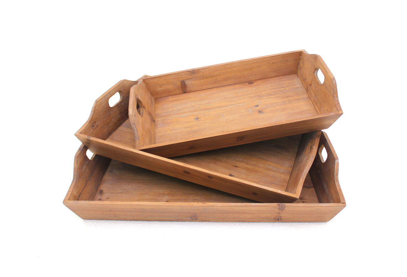 Rectangular Wooden Serving Tray with Cut Out Handles, Set of 3, Brown
