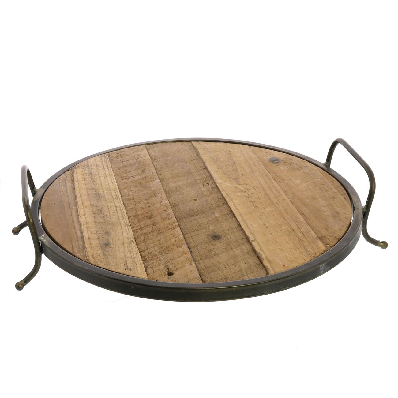 Wood and Metal Round Tray with Sturdy Handles, Black and Brown