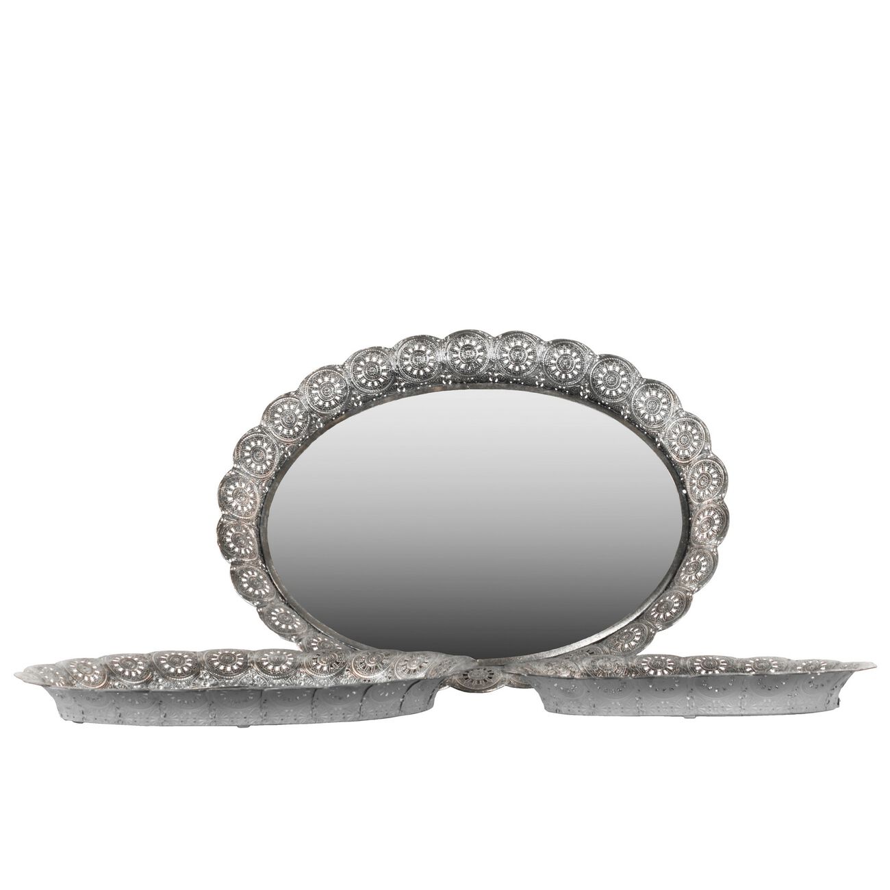 Oval Shape Metal Tray with Pierced Sides and Mirror Surface,Set of 3,Silver