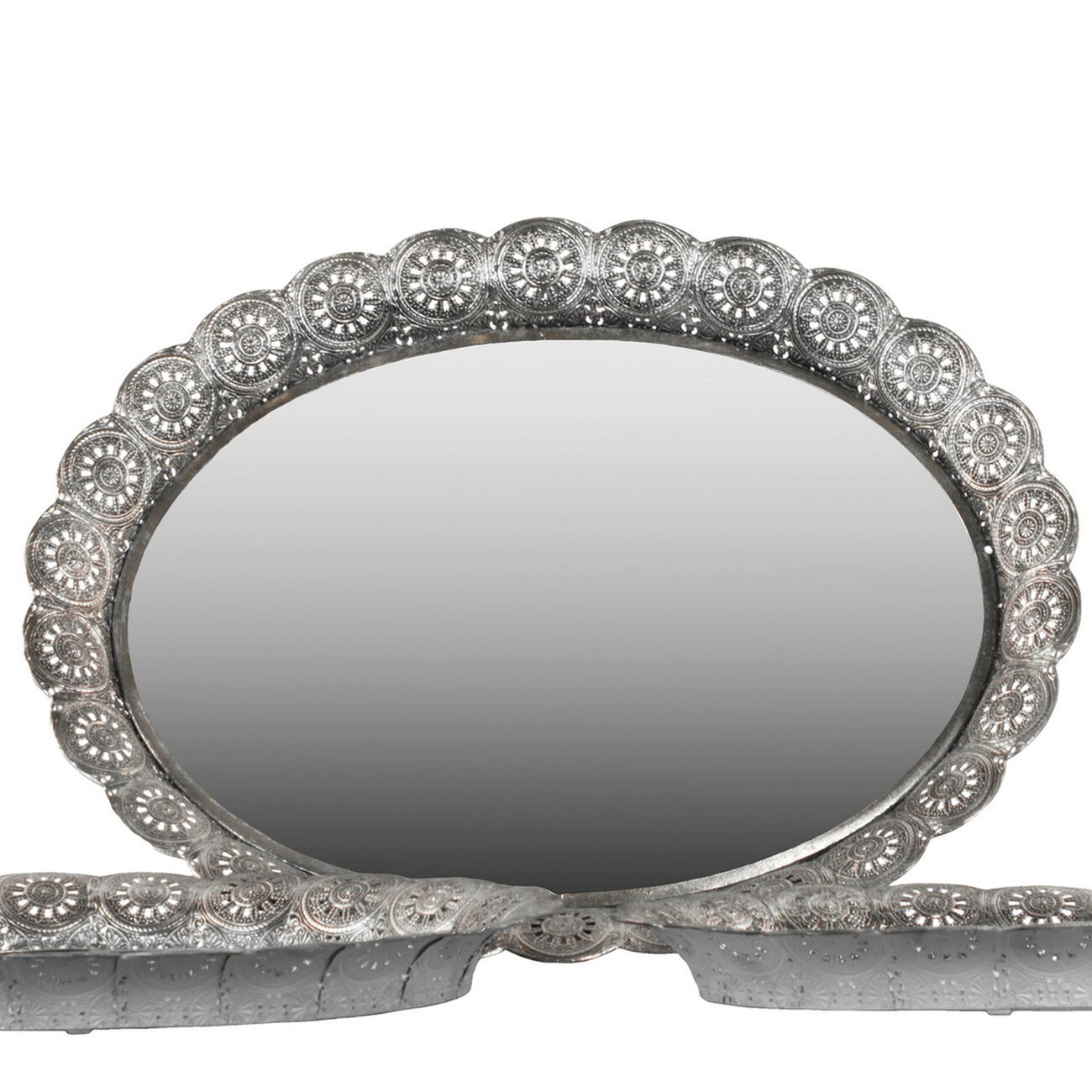 Oval Shape Metal Tray with Pierced Sides and Mirror Surface,Set of 3,Silver