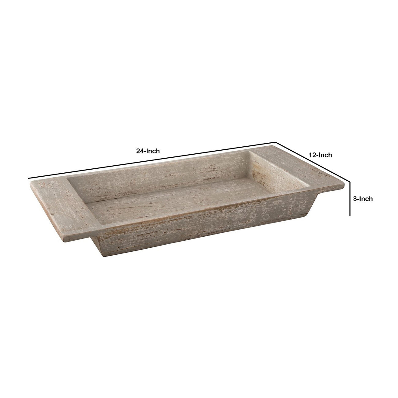 Rectangular Shaped Wooden Tray with Elongated Handles, Washed Brown